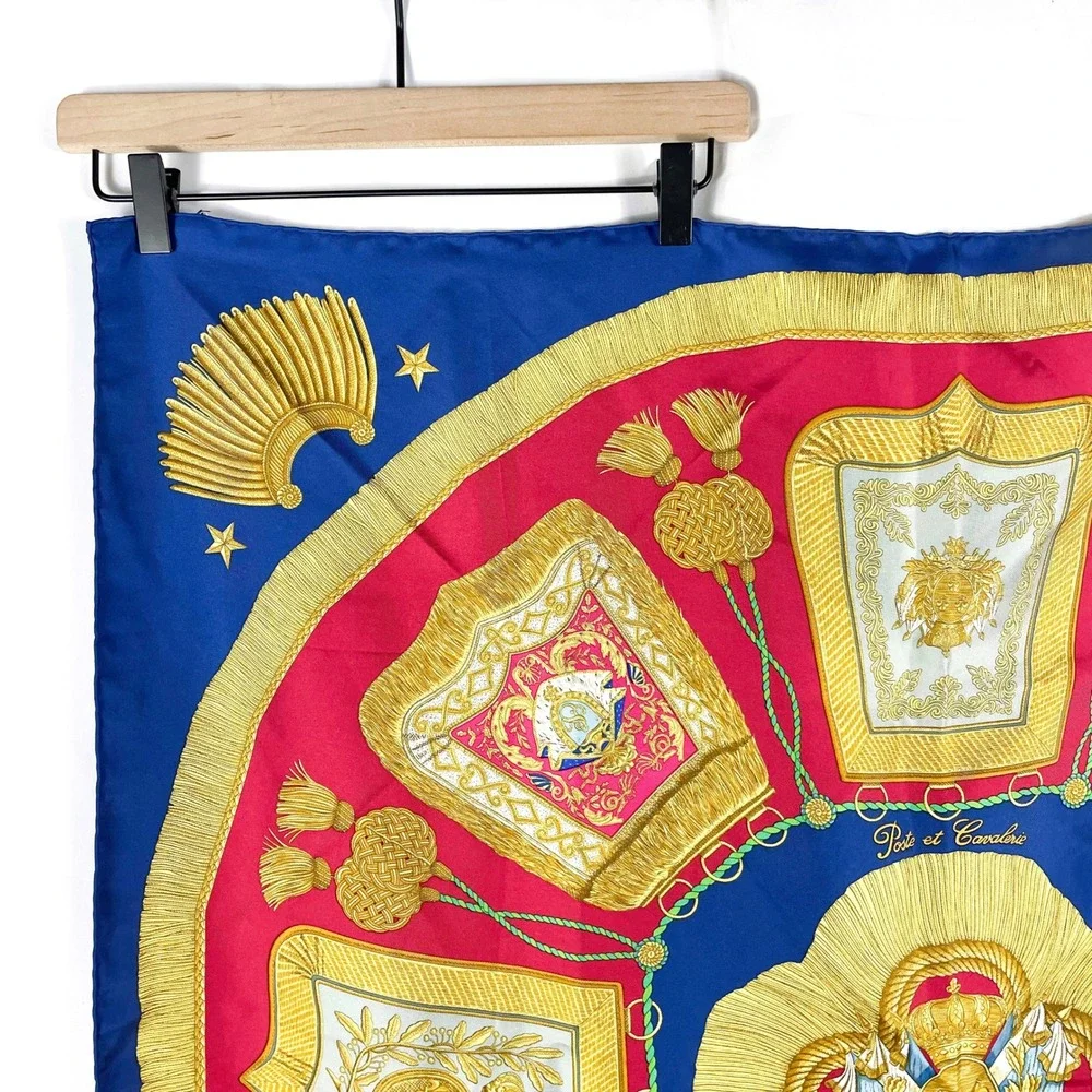 Hermes Paris Poste‎ et Cavalerie Silk Scarf Royal Blue Red Gold 35